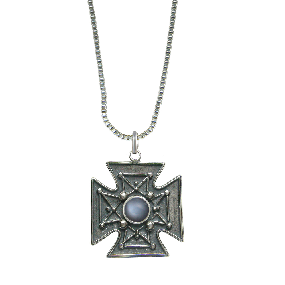 Sterling Silver Iron Cross Pendant Necklace With Grey Moonstone